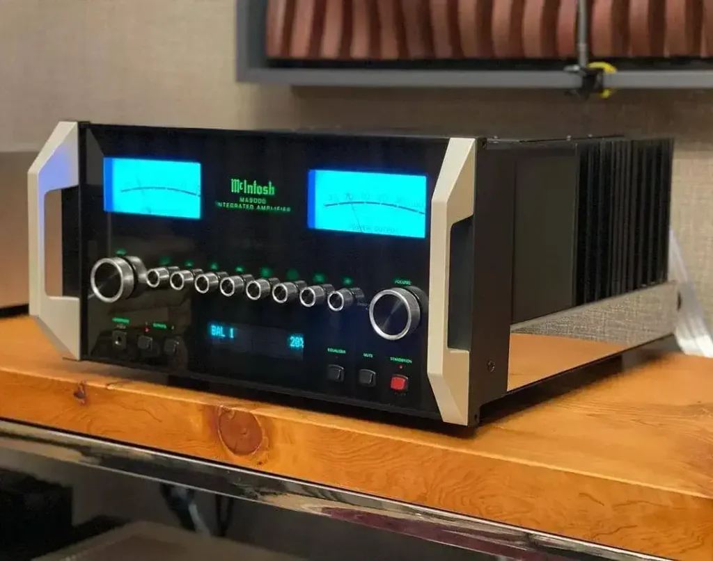 McIntosh MA9000 amplifier side view on a table.