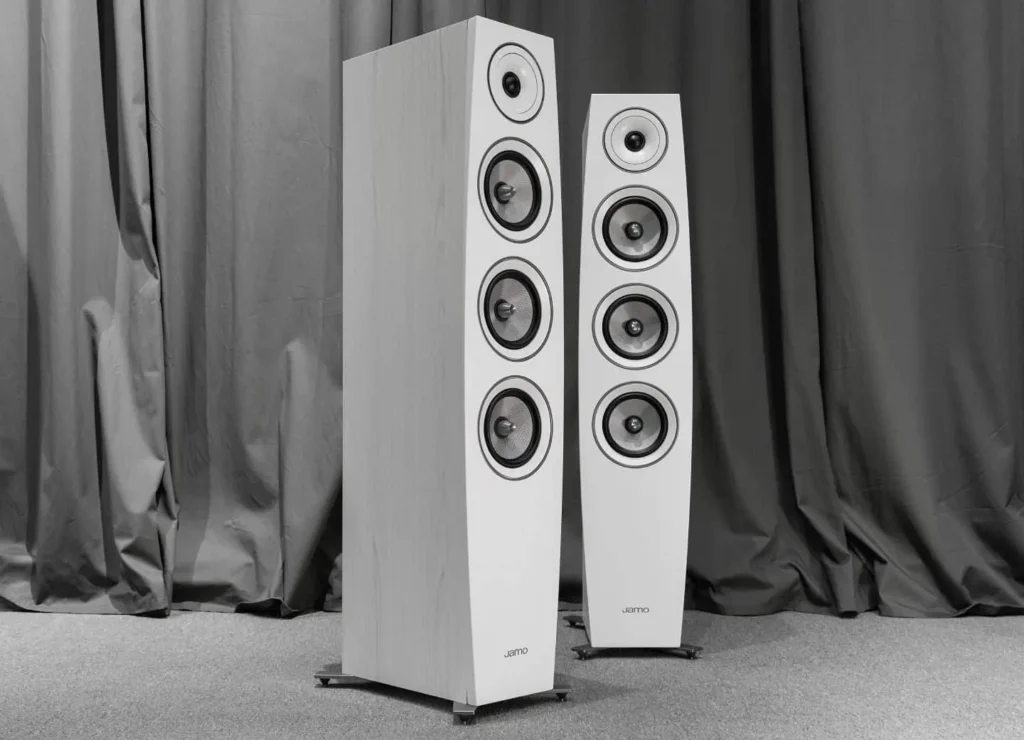 Front and side view of Jamo C 97 II Floorstanding Speakers.